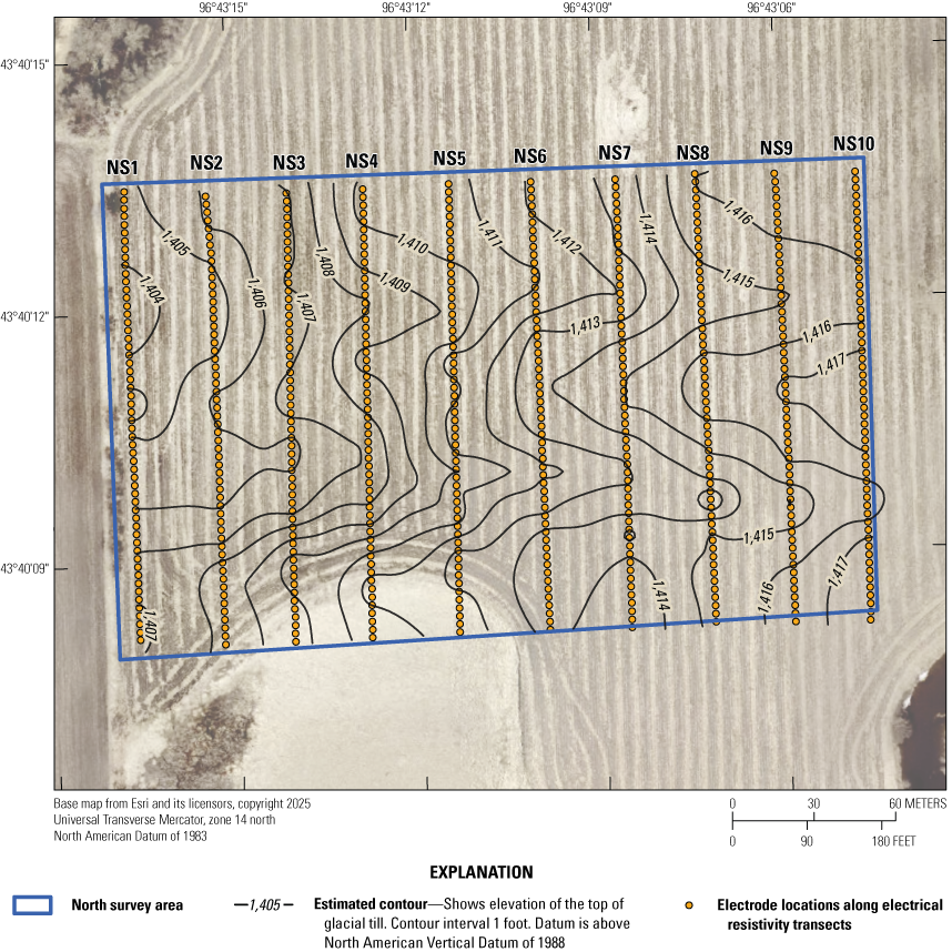 Map of the North survey area survey north of the City of Sioux Falls, South Dakota
showing ten electrical resistivity transects and contours of the top elevation of
glacial till in 1-foot intervals.