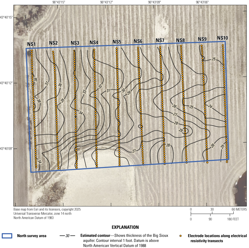 Map of the North survey area survey north of the City of Sioux Falls, South Dakota
showing ten electrical resistivity transects and contours of the thickness of the
Big Sioux aquifer in 1-foot intervals.
