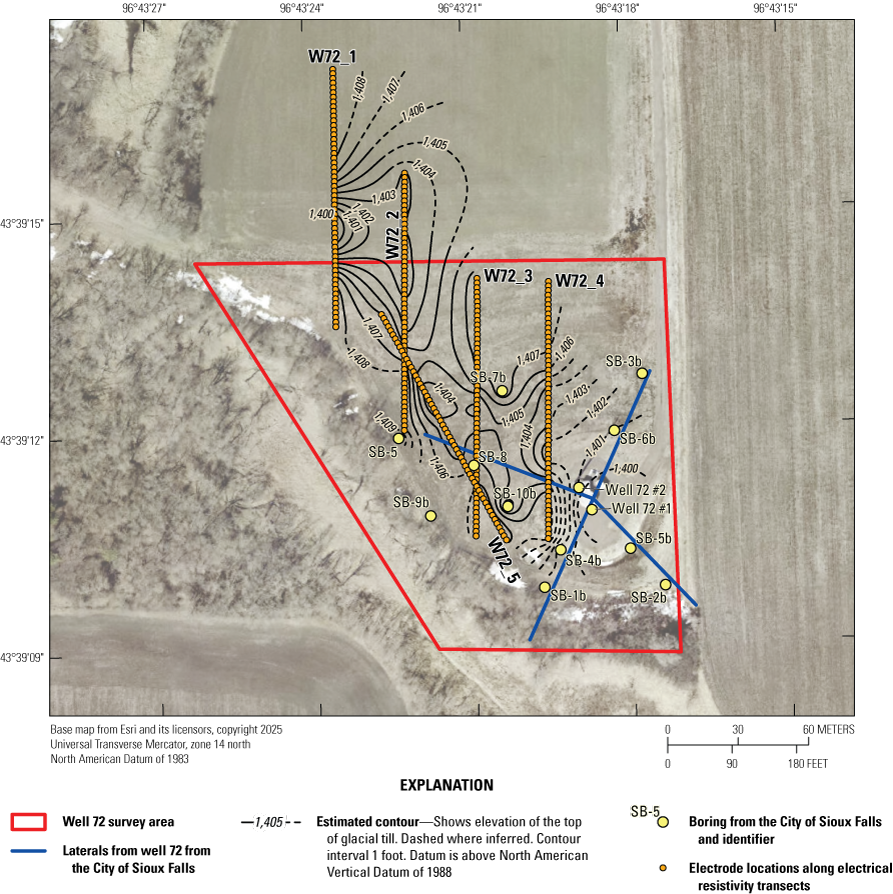 Map of the Well 72 survey area survey north of the City of Sioux Falls, South Dakota
showing five electrical resistivity transects and contours of the top elevation of
glacial till in 1-foot intervals.
