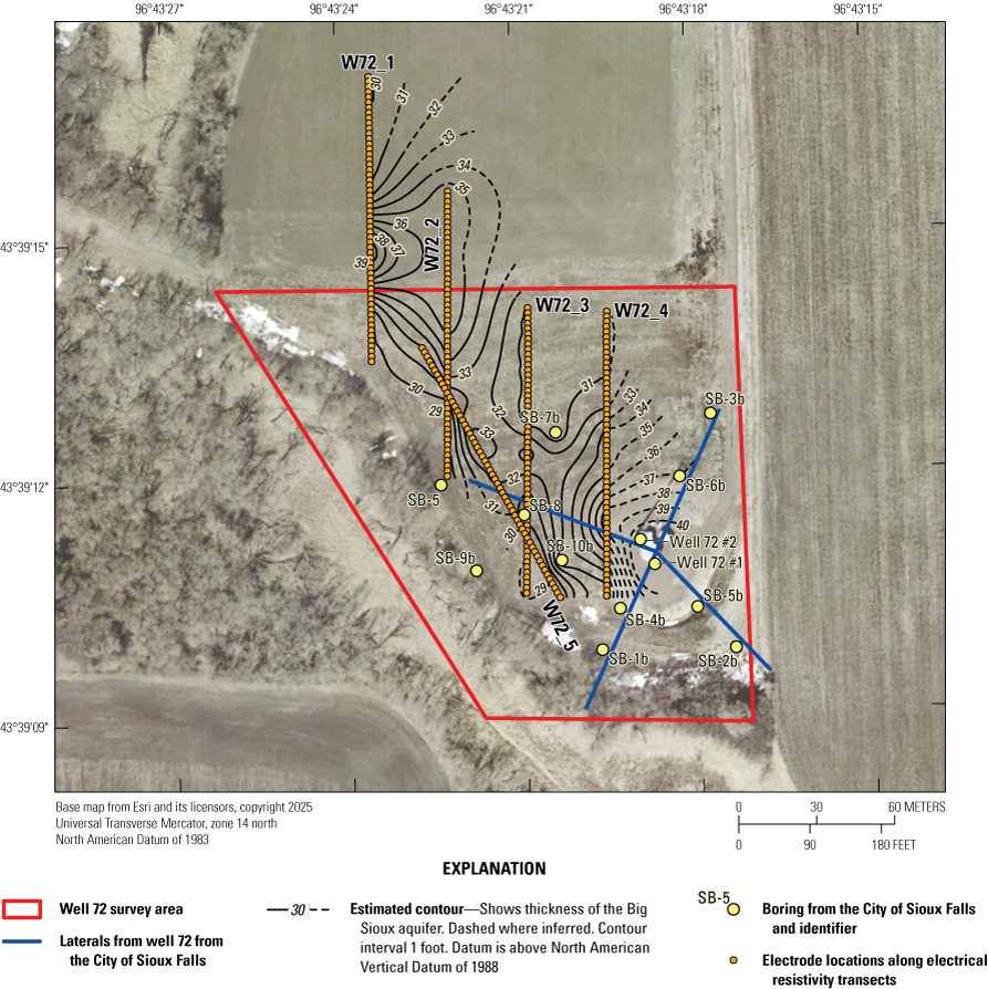 Map of the Well 72 survey area, north of the City of Sioux Falls, South Dakota, showing
five electrical resistivity transects and contours of the thickness of the Big Sioux
aquifer in 1-foot intervals.