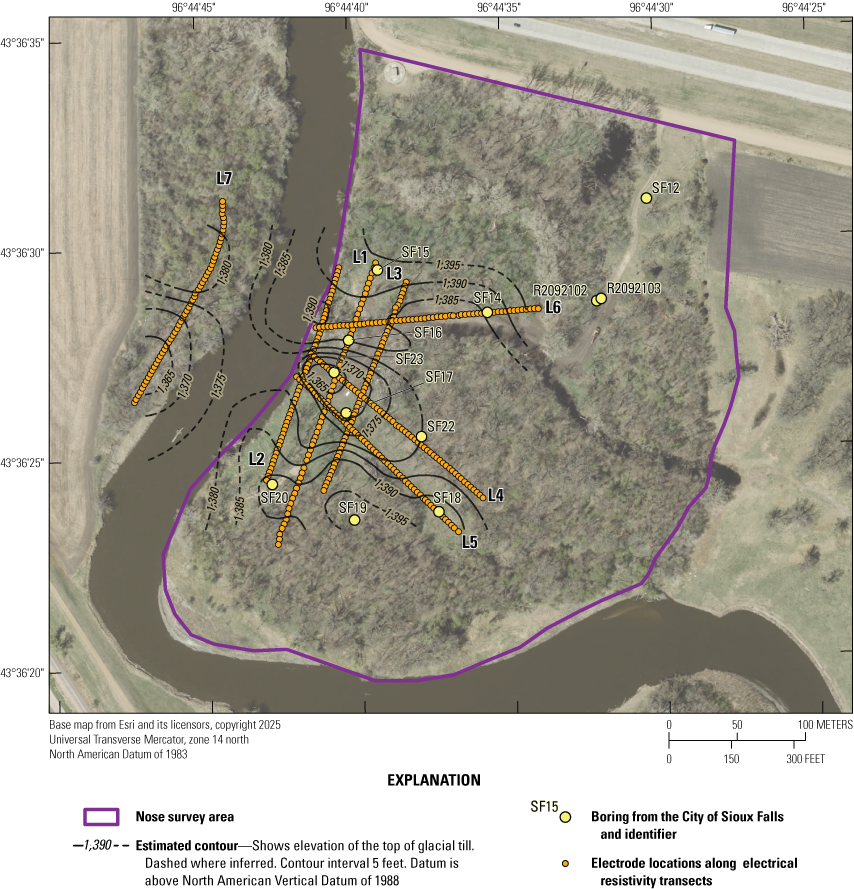 Map of the Nose survey area near the City of Sioux Falls, South Dakota, showing seven
electrical resistivity transects and contours of the top elevation of glacial till
in 5-foot intervals.