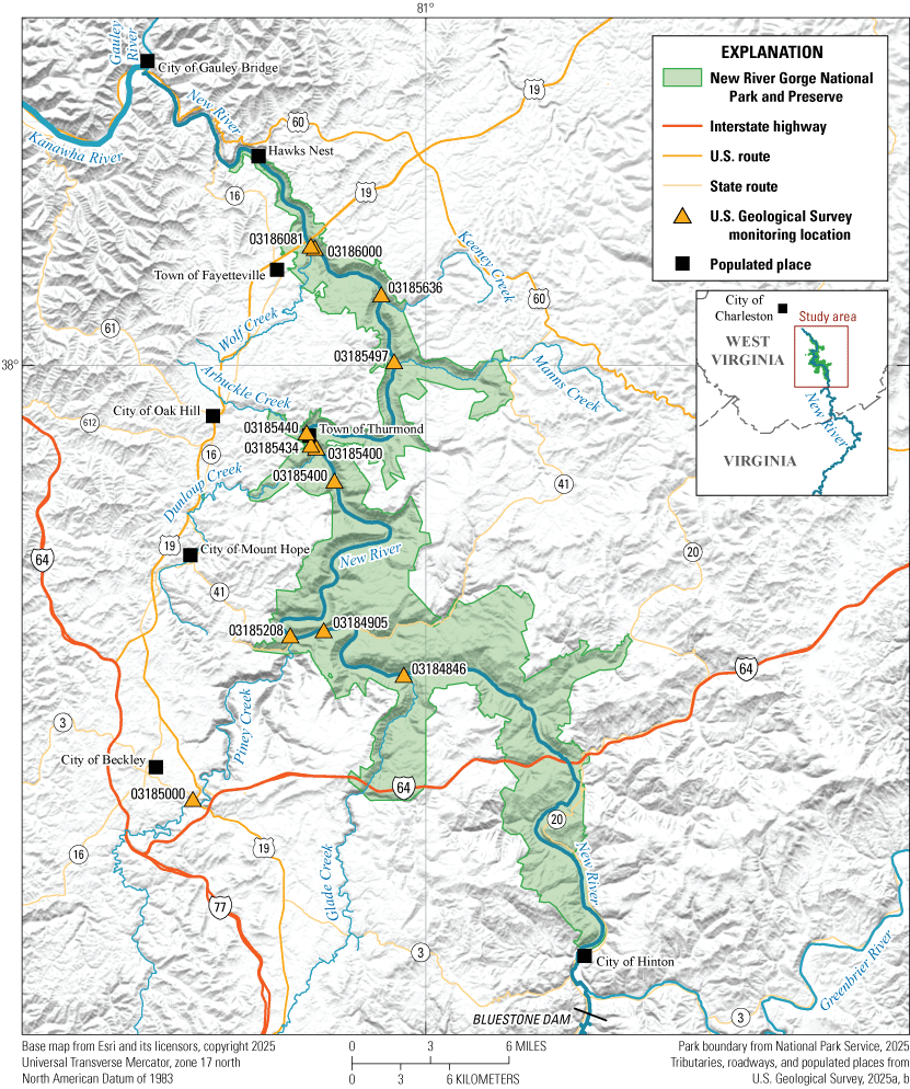 Major tributaries of the river include the Wolf, Keeney, Arbuckle, Manns, Dunloup,
                        Piney, and Glade Creeks. Each monitoring location is listed in table 1.