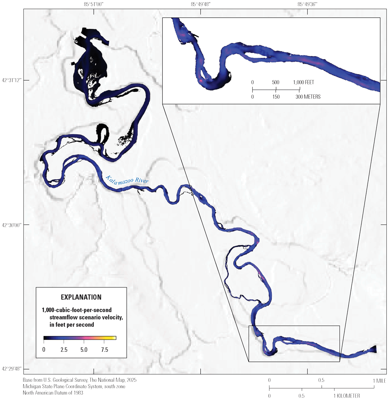 Kalamazoo River streamflow velocity at 1,000 cubic feet per second varies from about
0 to about 5 feet per second. Zones of high and low velocity alternate downstream
and low velocities occur in side channels and along channel margins.