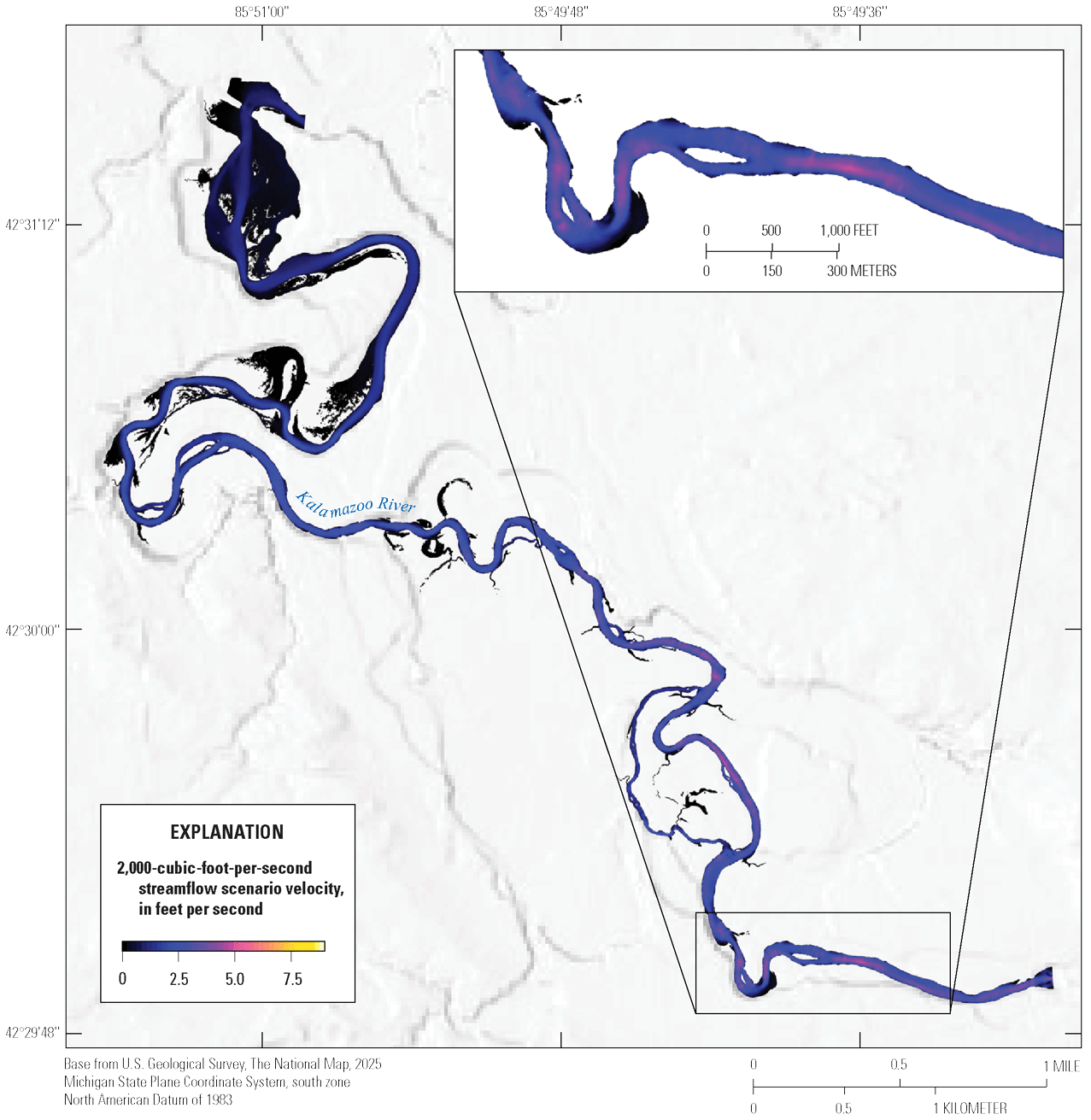 Kalamazoo River streamflow velocity at 2,000 cubic feet per second varies from about
0 to about 5 feet per second. Zones of high and low velocity alternate downstream
and low velocities occur in side channels and along channel margins.