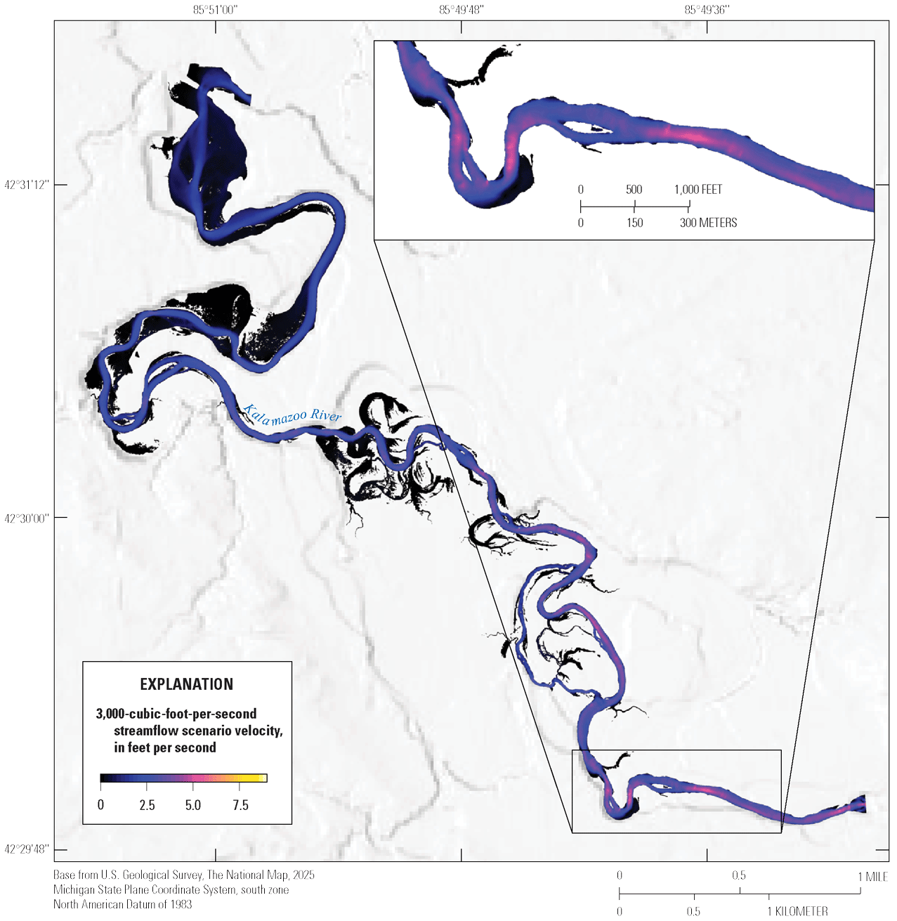 Kalamazoo River streamflow velocity at 3,000 cubic feet per second varies from about
0 to about 6 feet per second. Zones of high and low velocity alternate downstream
and low velocities occur in side channels, oxbows, and along channel margins.