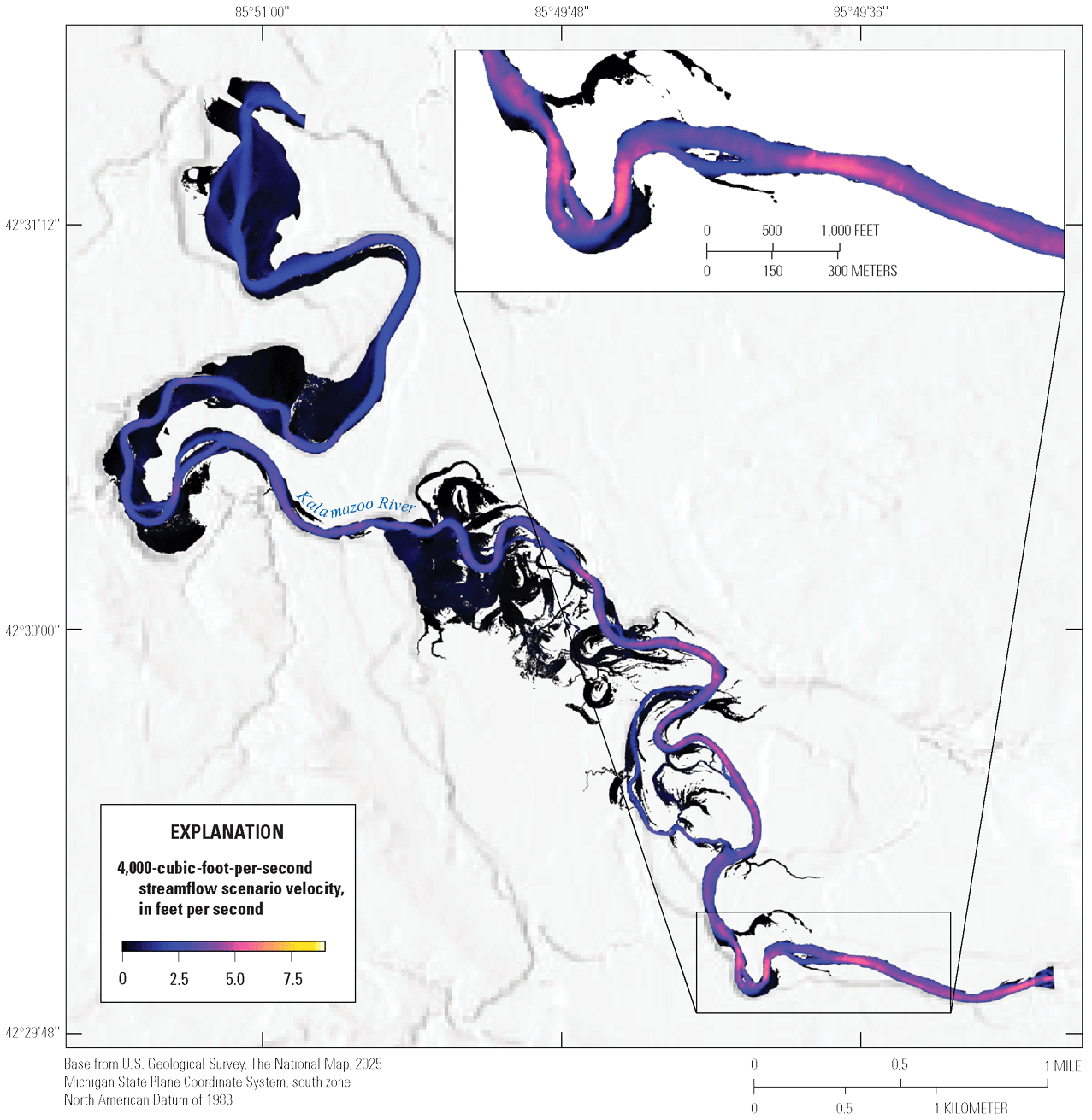 Kalamazoo River streamflow velocity at 4,000 cubic feet per second varies from about
0 to about 7 feet per second. Zones of high and low velocity alternate downstream
and low velocities occur in side channels, oxbows, and along channel margins.