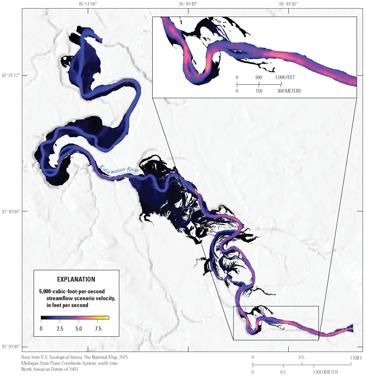 Kalamazoo River streamflow velocity at 5,000 cubic feet per second varies from about
0 to about 7 feet per second. Zones of high and low velocity alternate downstream
and low velocities occur along channel margins and inundated portions of the floodplain.