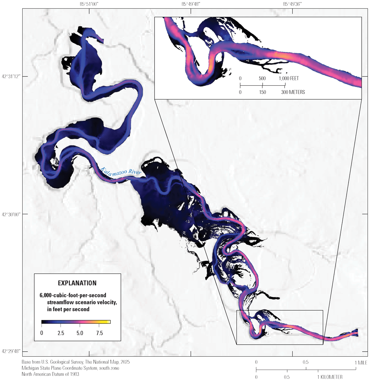 Kalamazoo River streamflow velocity at 6,000 cubic feet per second varies from about
0 to about 8 feet per second. Zones of high and low velocity alternate downstream
and low velocities occur along channel margins and inundated portions of the floodplain.