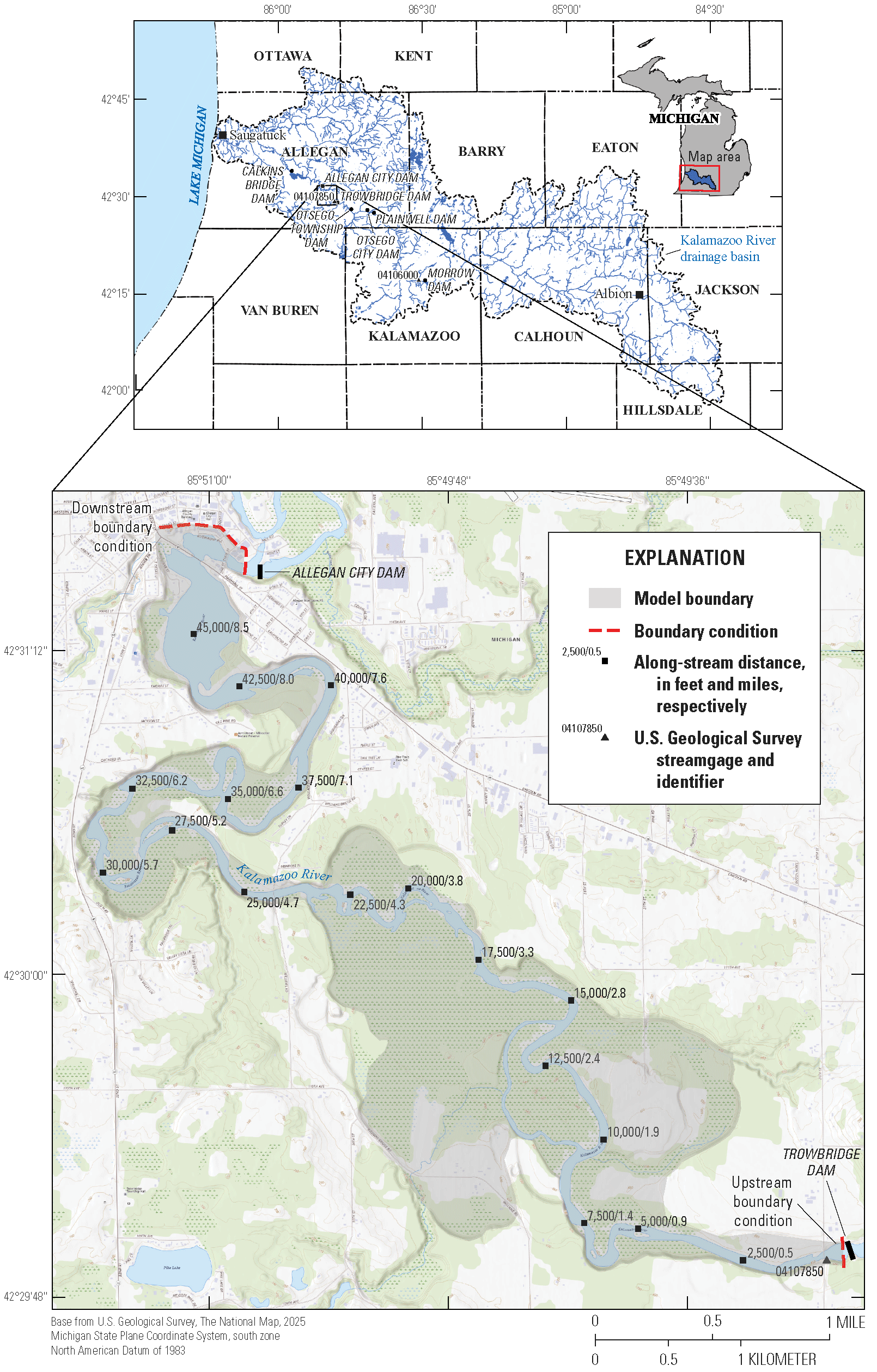 The model boundaries and USGS streamgages are marked on the Kalamazoo River between
the Allegan City Dam and the Trowbridge Dam, in southwestern Michigan. The study reach
is about 45,000 feet long and distances are marked every 2,500 feet.