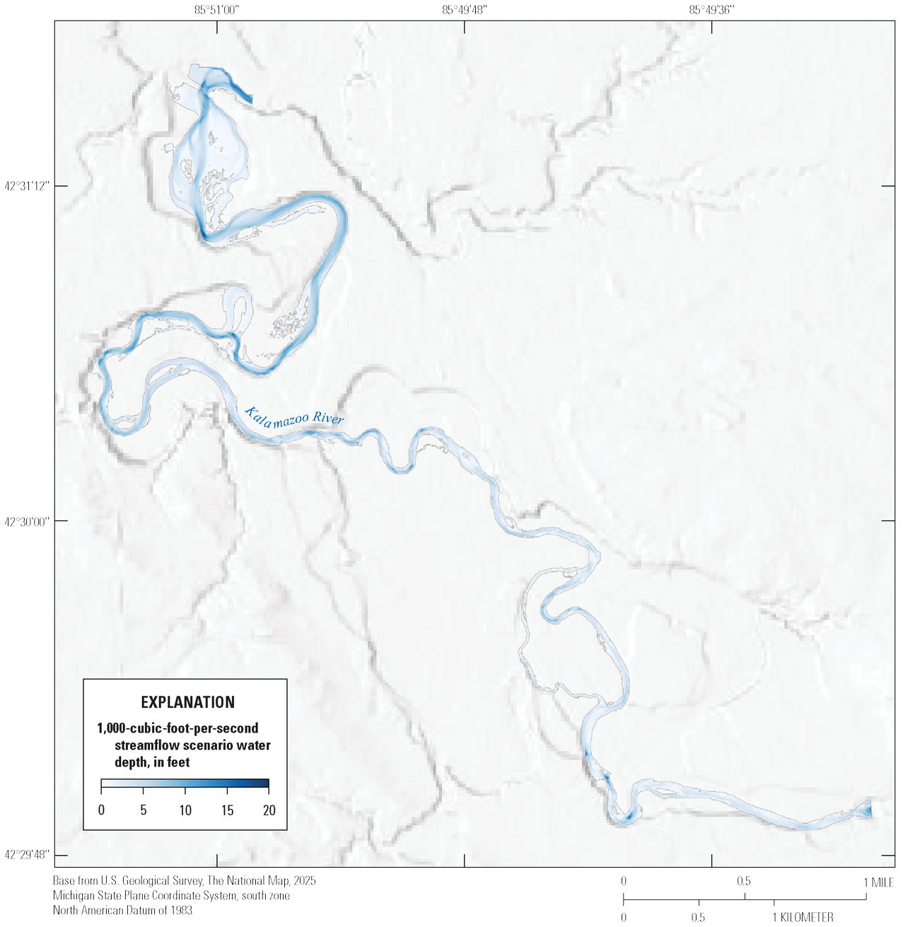 Kalamazoo River streamflow depths at 1,000 cubic feet per second range from 0 feet
to about 20 feet. Shallowest depths occur on bars and banks, whereas deepest areas
are on outsides of bends and pools. Average depths increase substantially in the lower
half of the reach.