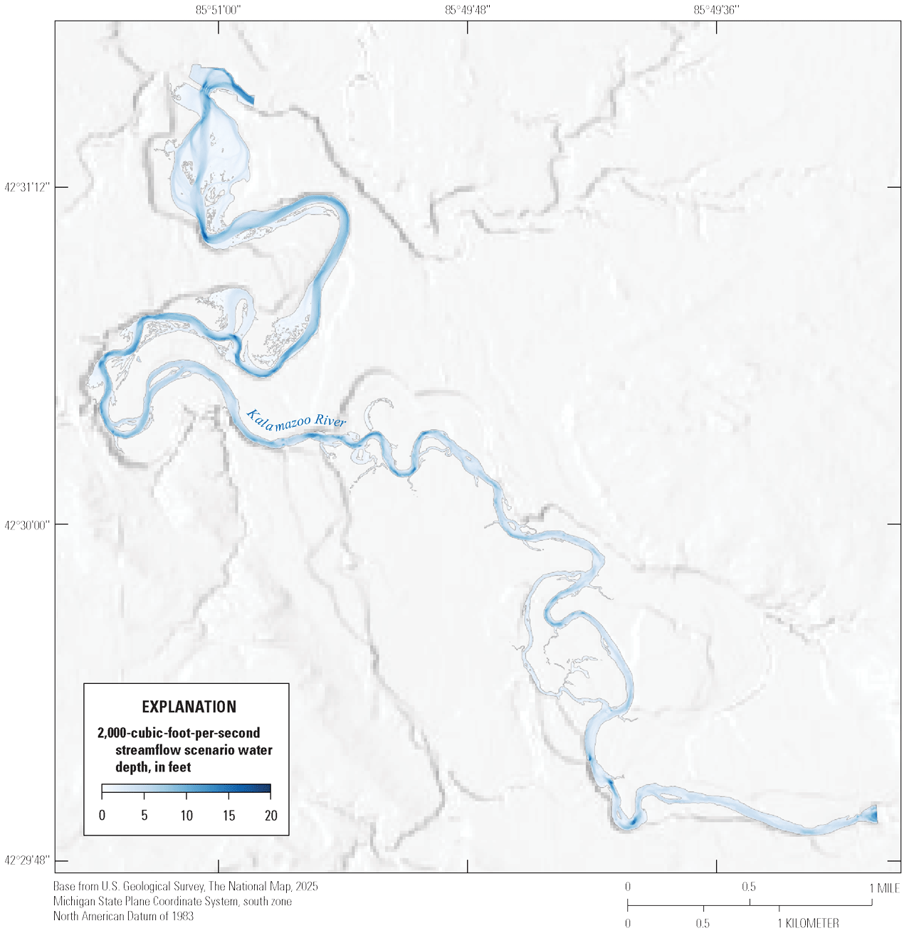 Kalamazoo River streamflow depths at 2,000 cubic feet per second range from 0 feet
to about 20 feet. Shallowest depths occur on bars and banks, whereas deepest areas
are on outsides of bends and pools. Some secondary channels are inundated at this
streamflow. Average depths increase substantially in the lower half of the reach.