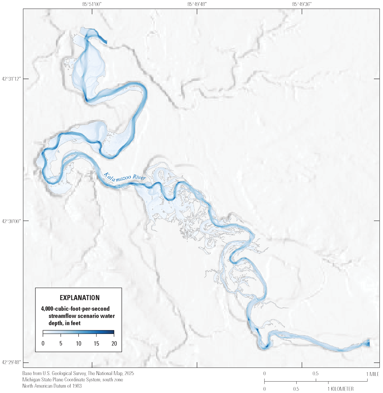 Kalamazoo River streamflow depths at 4,000 cubic feet per second range from 0 feet
to about 20 feet. Shallowest depths occur on bars and banks, whereas deepest areas
are on outsides of bends and pools. Many secondary channels and scroll swales are
inundated at this streamflow. Average depths increase substantially in the lower half
of the reach.