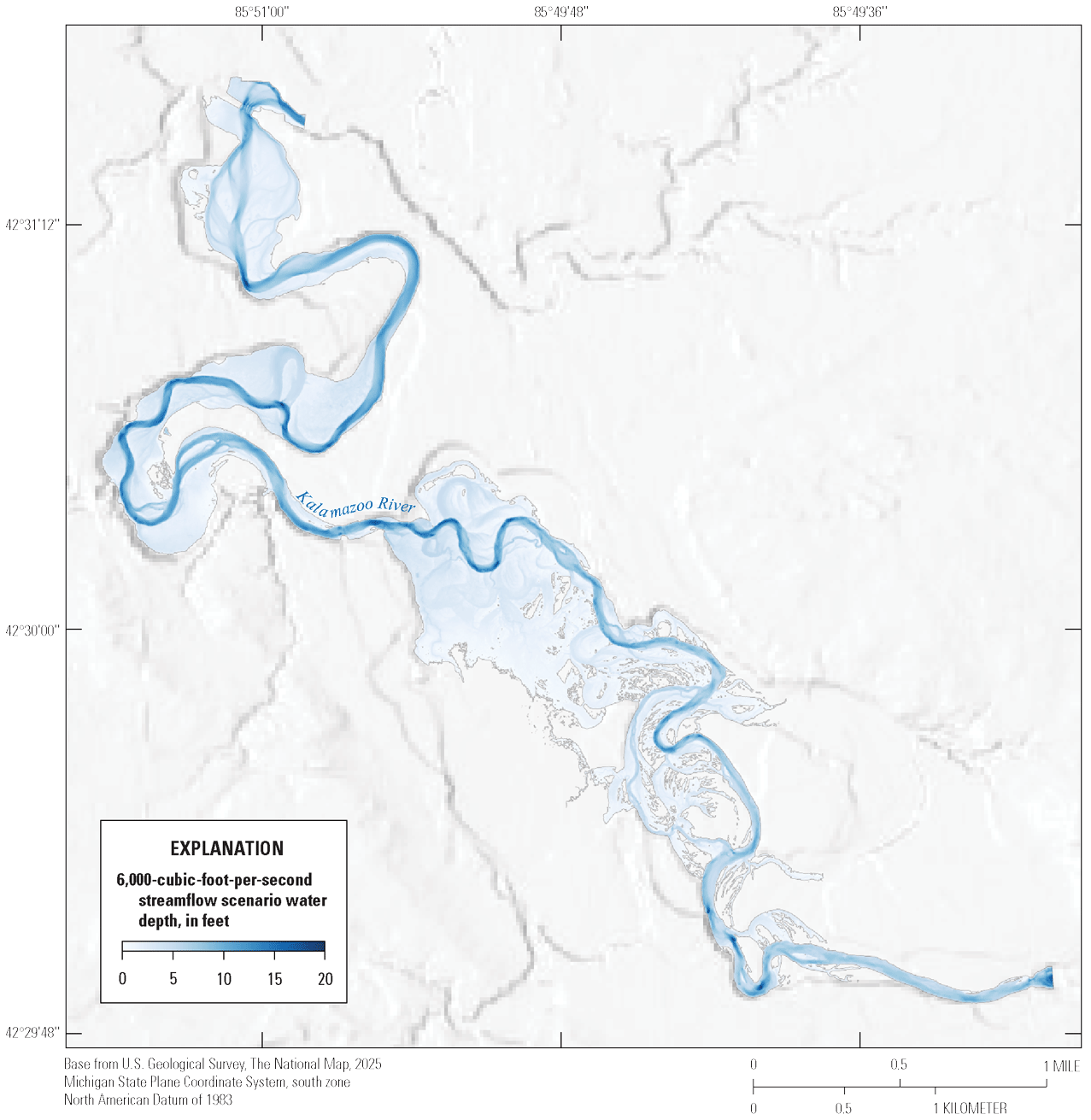 Kalamazoo River streamflow depths at 6,000 cubic feet per second range from 0 feet
to about 20 feet. Shallowest depths occur on bars and banks, whereas deepest areas
are on outsides of bends and pools. Most of the floodplain is inundated with between
1 and 3 feet of water. Average depths increase substantially in the lower half of
the reach.