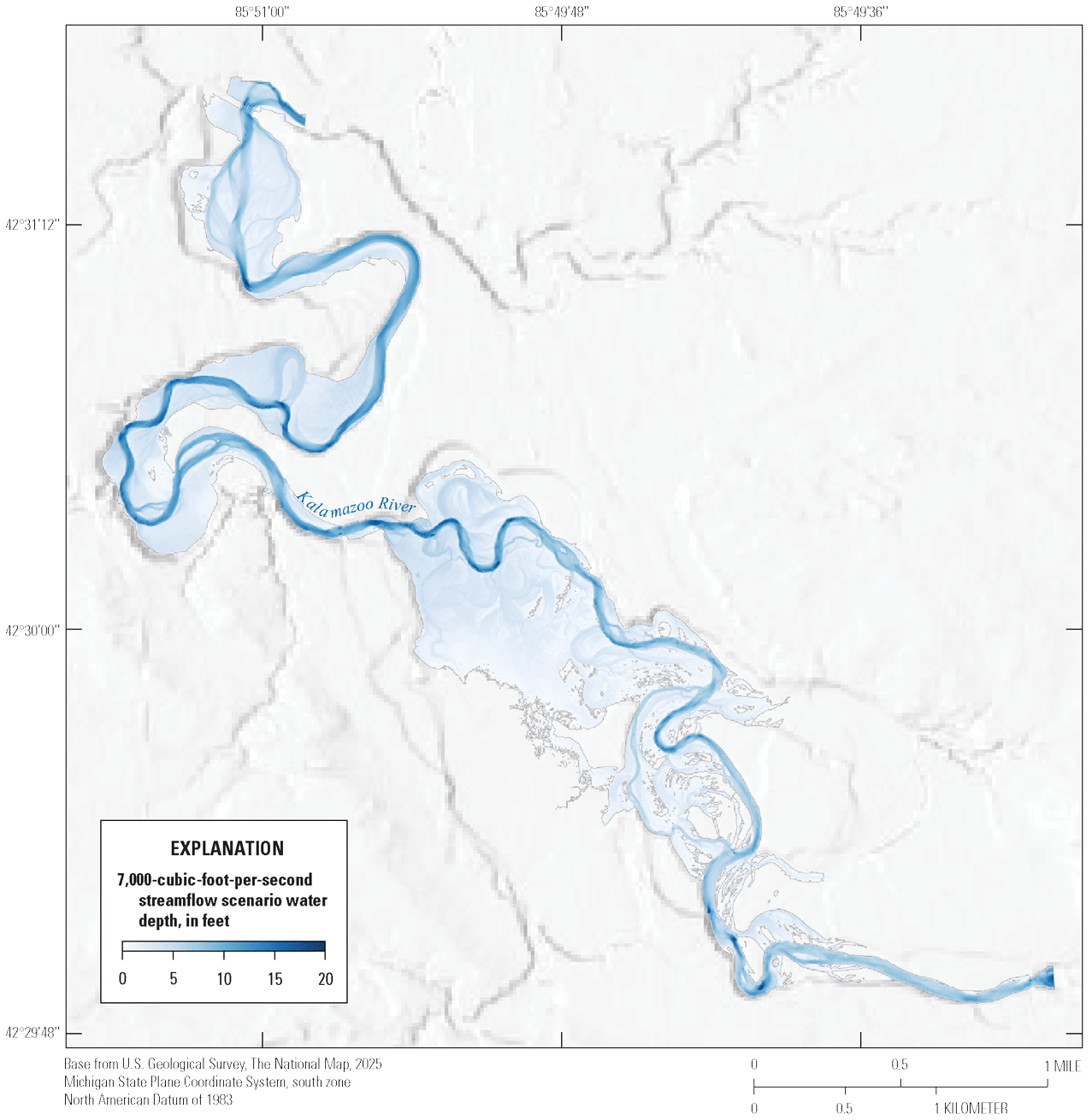 Kalamazoo River streamflow depths at 6,000 cubic feet per second range from 0 feet
to about 20 feet. Shallowest depths occur on bars and banks, whereas deepest areas
are on outsides of bends and pools. Most of the floodplain is inundated with between
1 and 4 feet of water. Average depths increase substantially in the lower half of
the reach.