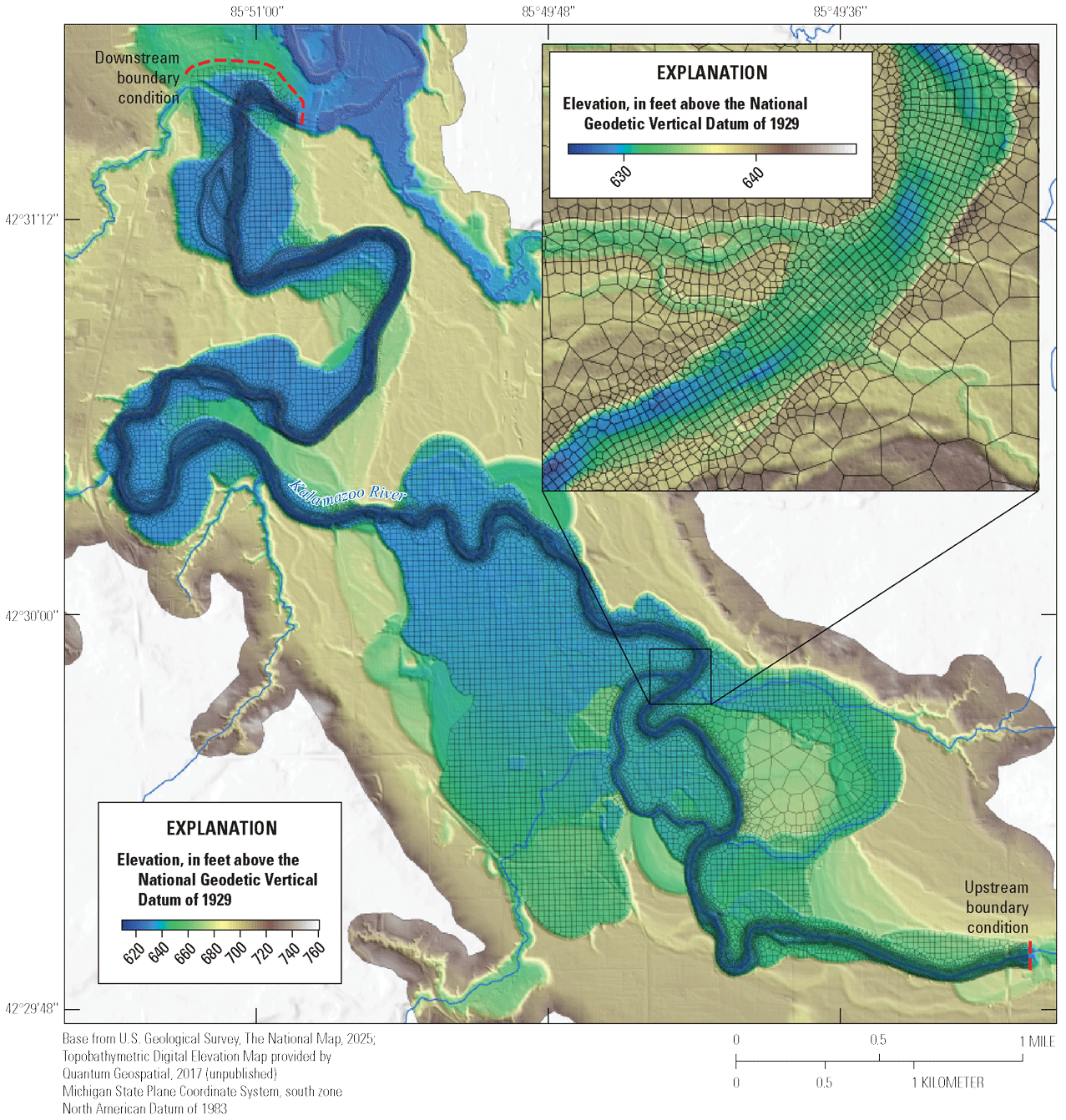 The model numerical mesh covers the Kalamazoo River and its floodplain from the upstream
boundary condition to the downstream boundary condition. The mesh is coarser in the
floodplains and finer in the channel.