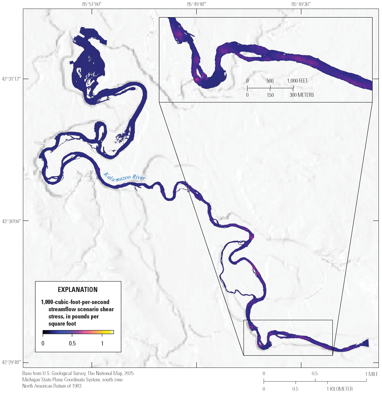 Kalamazoo River shear stress values at 1,000 cubic feet per second range from 0 to
about 0.6 pounds per square foot. Values are highest in localized areas in the upper
third of the reach.