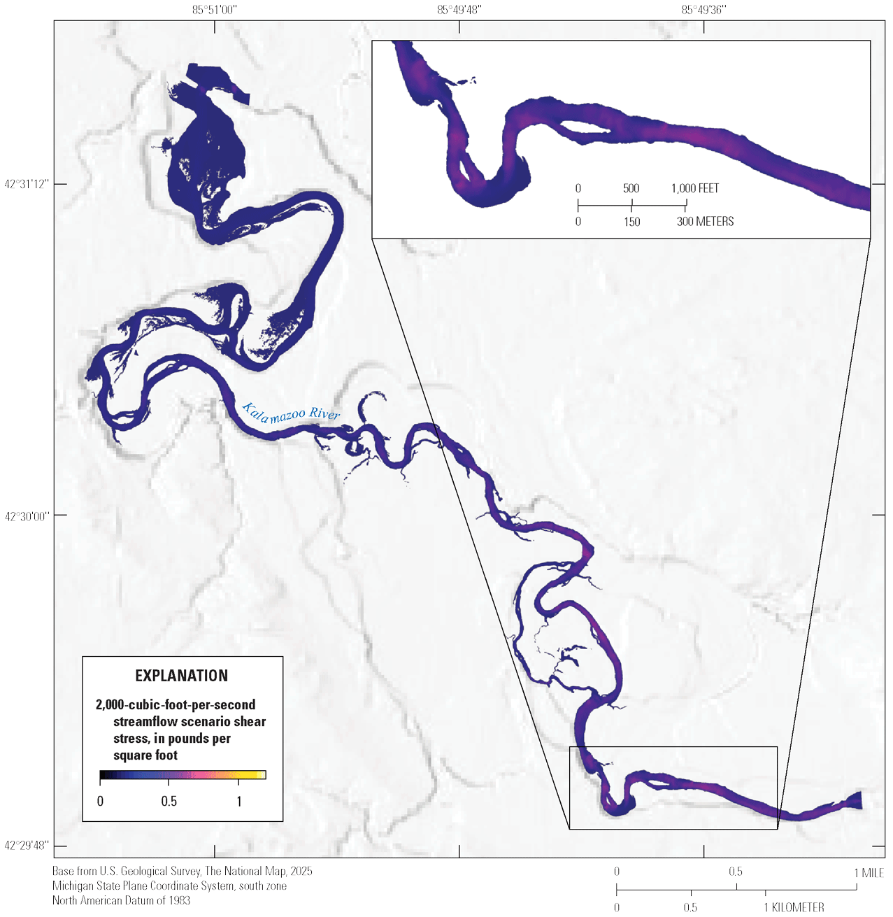 Kalamazoo River shear stress values at 2,000 cubic feet per second range from 0 to
about 0.5 pounds per square foot. Values are highest in localized areas in the upper
third of the reach.