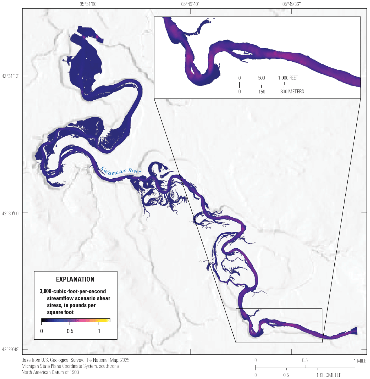 Kalamazoo River shear stress values at 3,000 cubic feet per second range from 0 to
about 0.5 pounds per square foot. Values are highest in localized areas in the upper
third of the reach.