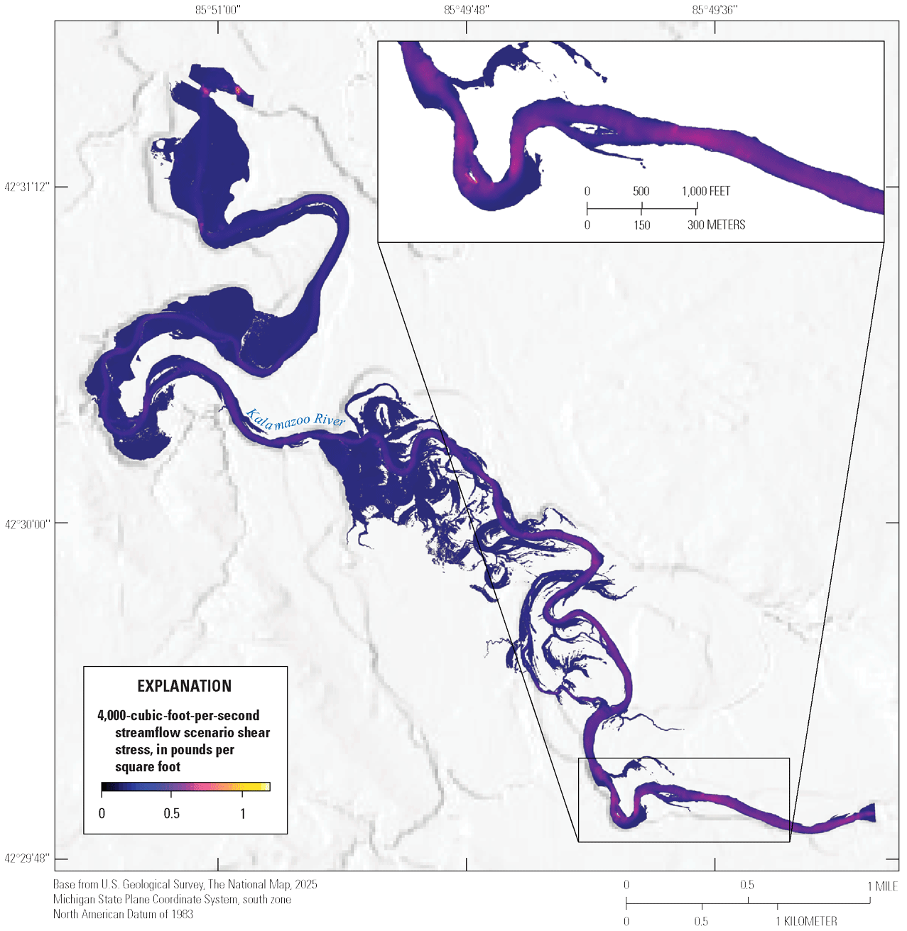 Kalamazoo River shear stress values at 4,000 cubic feet per second range from 0 to
about 0.7 pounds per square foot. Values are highest in localized areas in the upper
third of the reach.