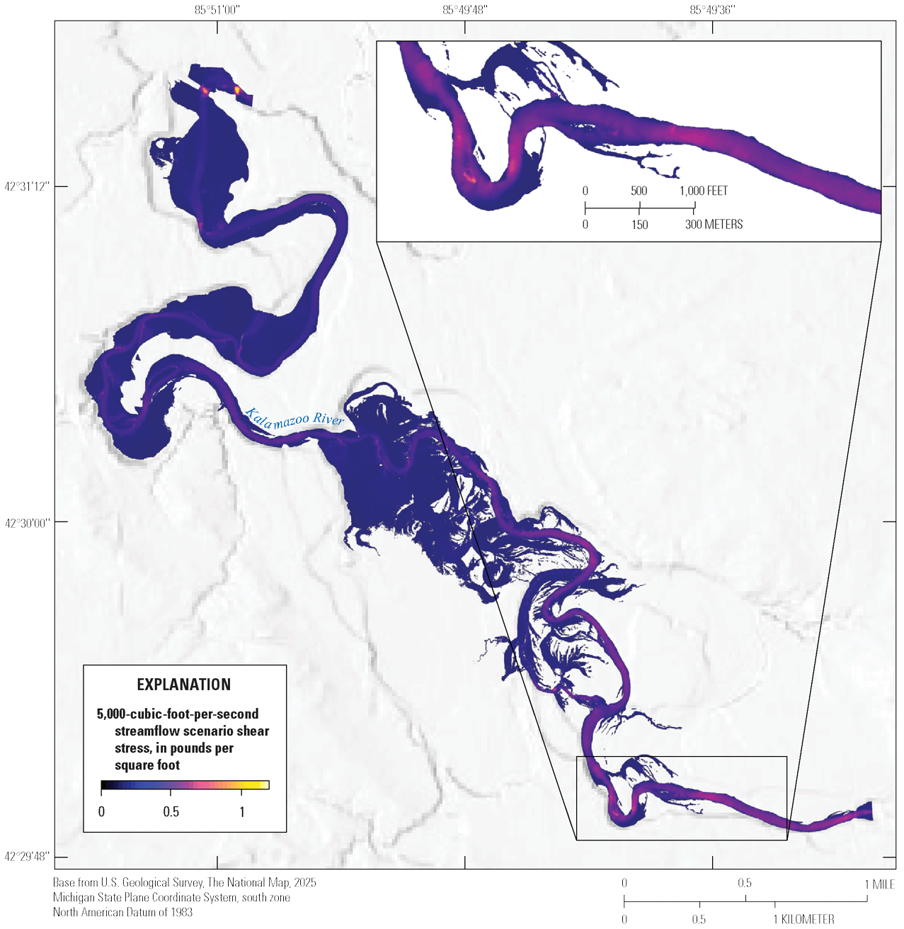 Kalamazoo River shear stress values at 5,000 cubic feet per second range from 0 to
about 0.8 pounds per square foot. Values are highest in localized areas in the upper
third of the reach.