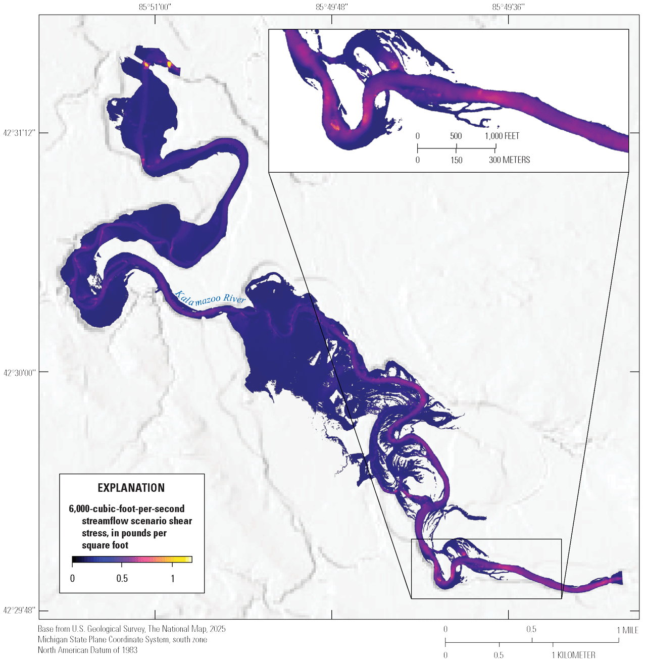 Kalamazoo River shear stress values at 6,000 cubic feet per second range from 0 to
about 0.9 pounds per square foot. Values are highest in localized areas in the upper
third of the reach.