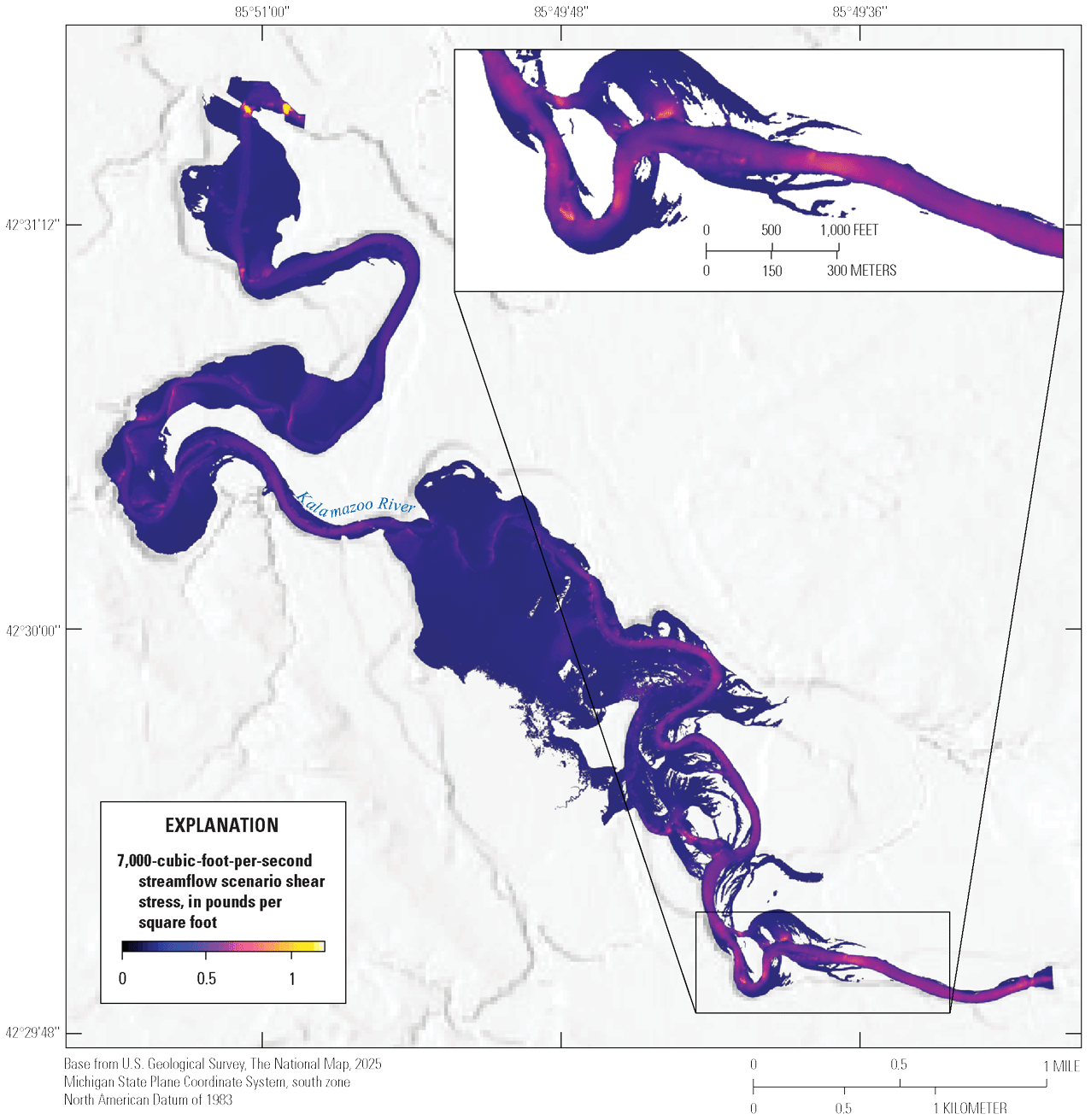 Kalamazoo River shear stress values at 7,000 cubic feet per second range from 0 to
about 1.0 pounds per square foot. Values are highest in localized areas in the upper
third of the reach.