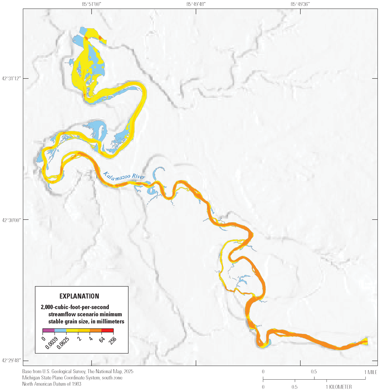 Minimum stable grain sizes at 2,000 cubic feet per second are predominantly in the
4–64 millimeter class in the upper two thirds of the reach. In the lower third, values
are mostly in the 0.0039–0.0625 millimeter class in off-channel backwaters, the 0.0625–2
millimeter class along channel margins, and the 2–4 millimeter class in the middle
of the channel.