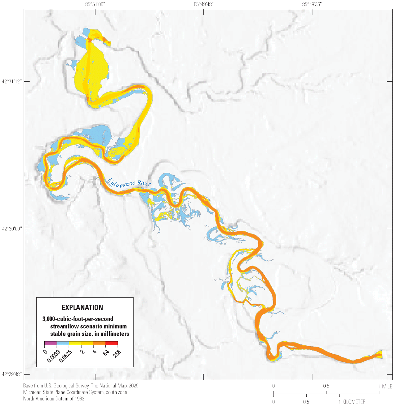 Minimum stable grain sizes at 3,000 cubic feet per second are predominantly in the
4–64 millimeter class in the main channel through the whole reach. In off-channel
backwaters, values are mostly in the 0.0039–0.0625 millimeter class. In the impounded
area, values are in the 0.0625–2 millimeter class along channel margins, and the 2–4
millimeter class in the middle of the channel.