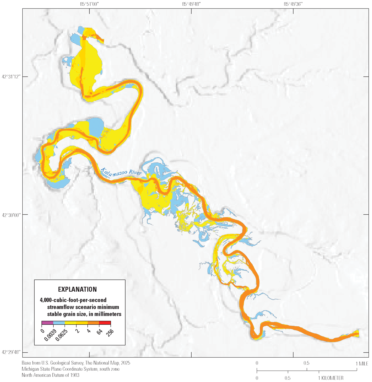 Minimum stable grain sizes at 4,000 cubic feet per second are predominantly in the
4–64 millimeter class in the main channel through the whole reach. In off-channel
backwaters, values are mostly in the 0.0625–2 millimeter class. In the impounded area,
values are in the 0.0625–2 millimeter class along channel margins.