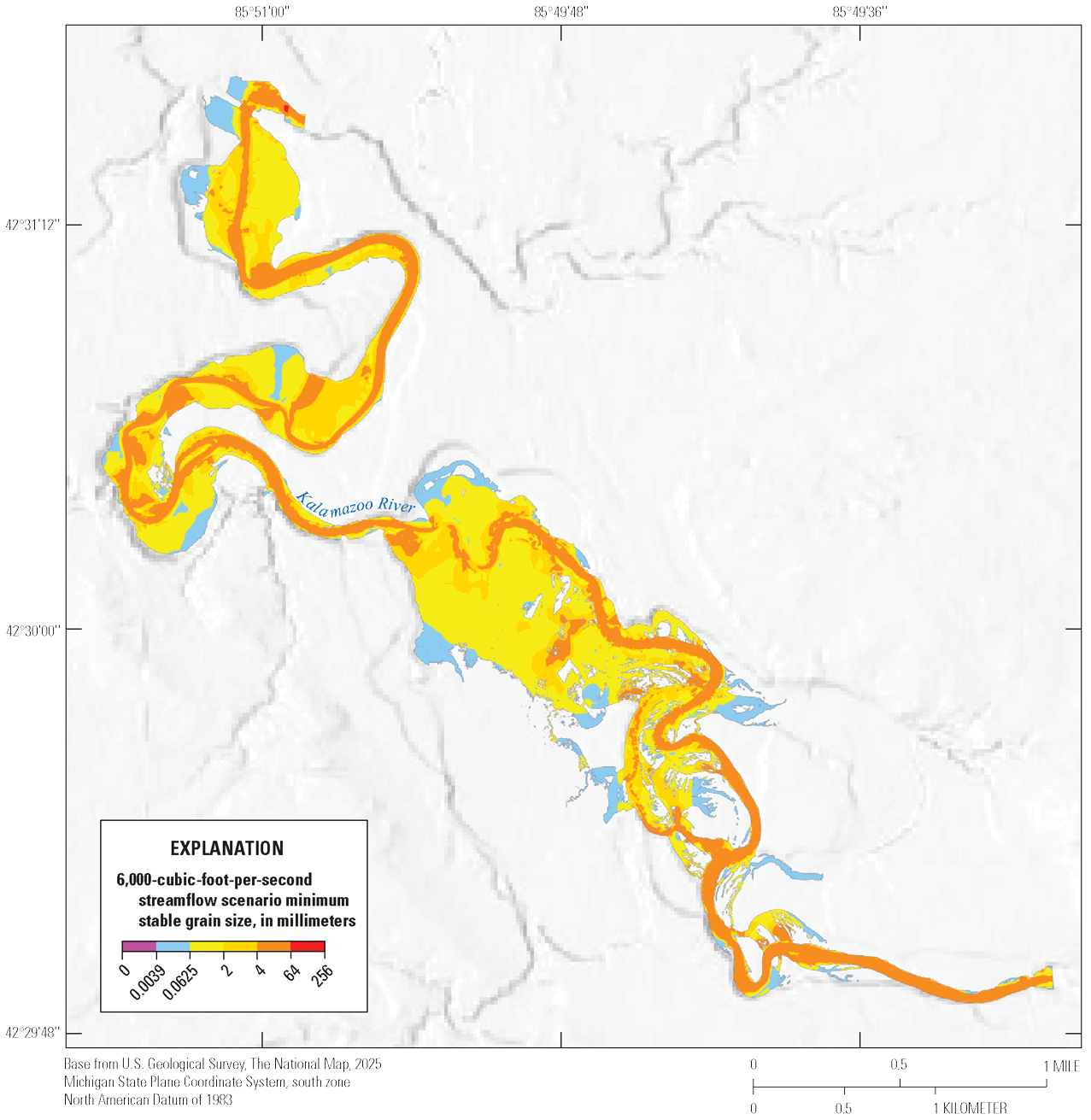 Minimum stable grain sizes at 6,000 cubic feet per second are predominantly in the
4–64 millimeter class in the main channel through the whole reach. In inundated floodplain
areas and channel margins in the impounded area, values are in the 0.0625–2 mm and
2–4 millimeter classes.