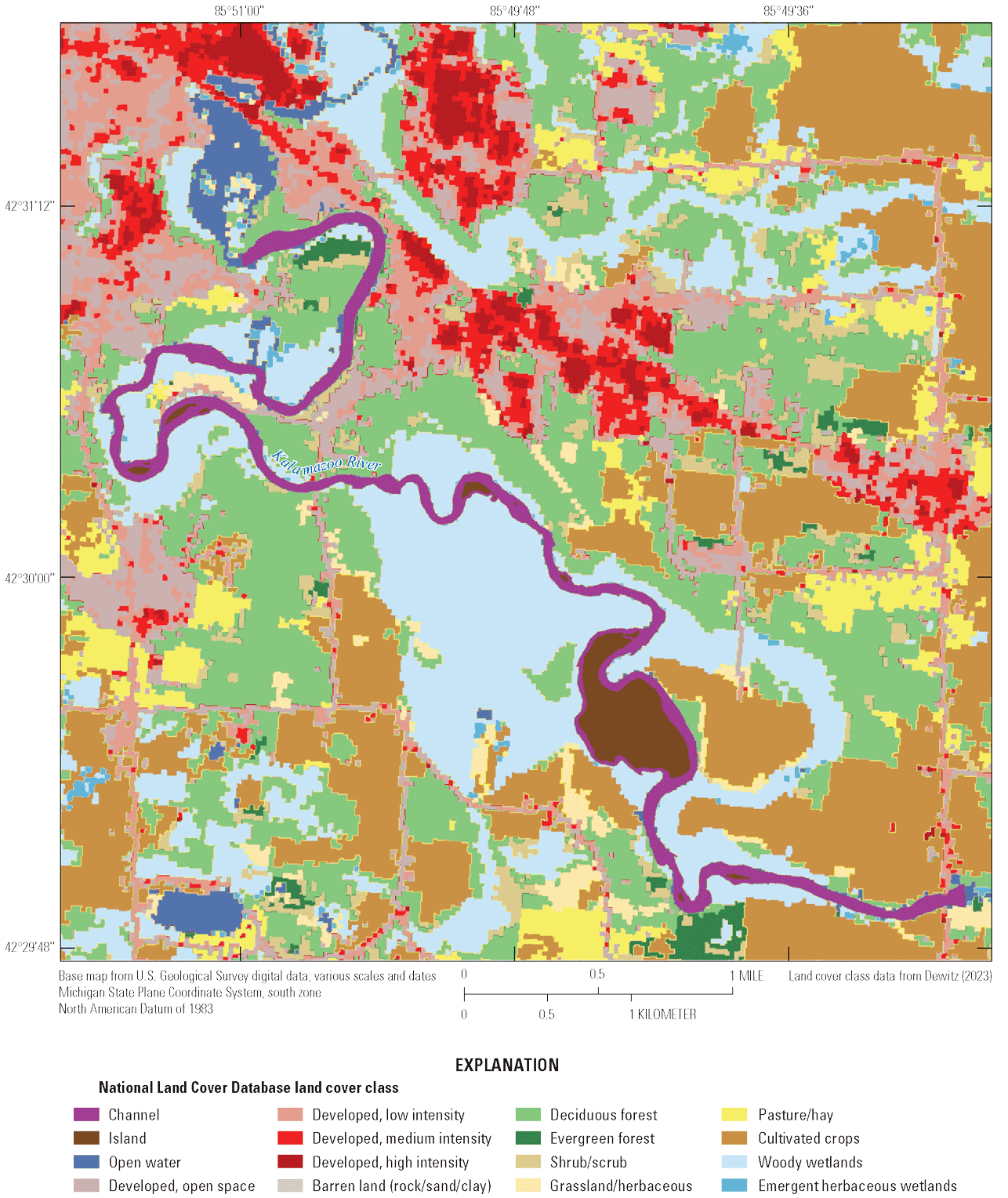 Land cover near the Kalamazoo River is predominantly woody wetlands, with smaller
areas of deciduous forest, cultivated crops, pasture/hay, open water, emergent herbaceous
wetlands, evergreen forest, and developed.