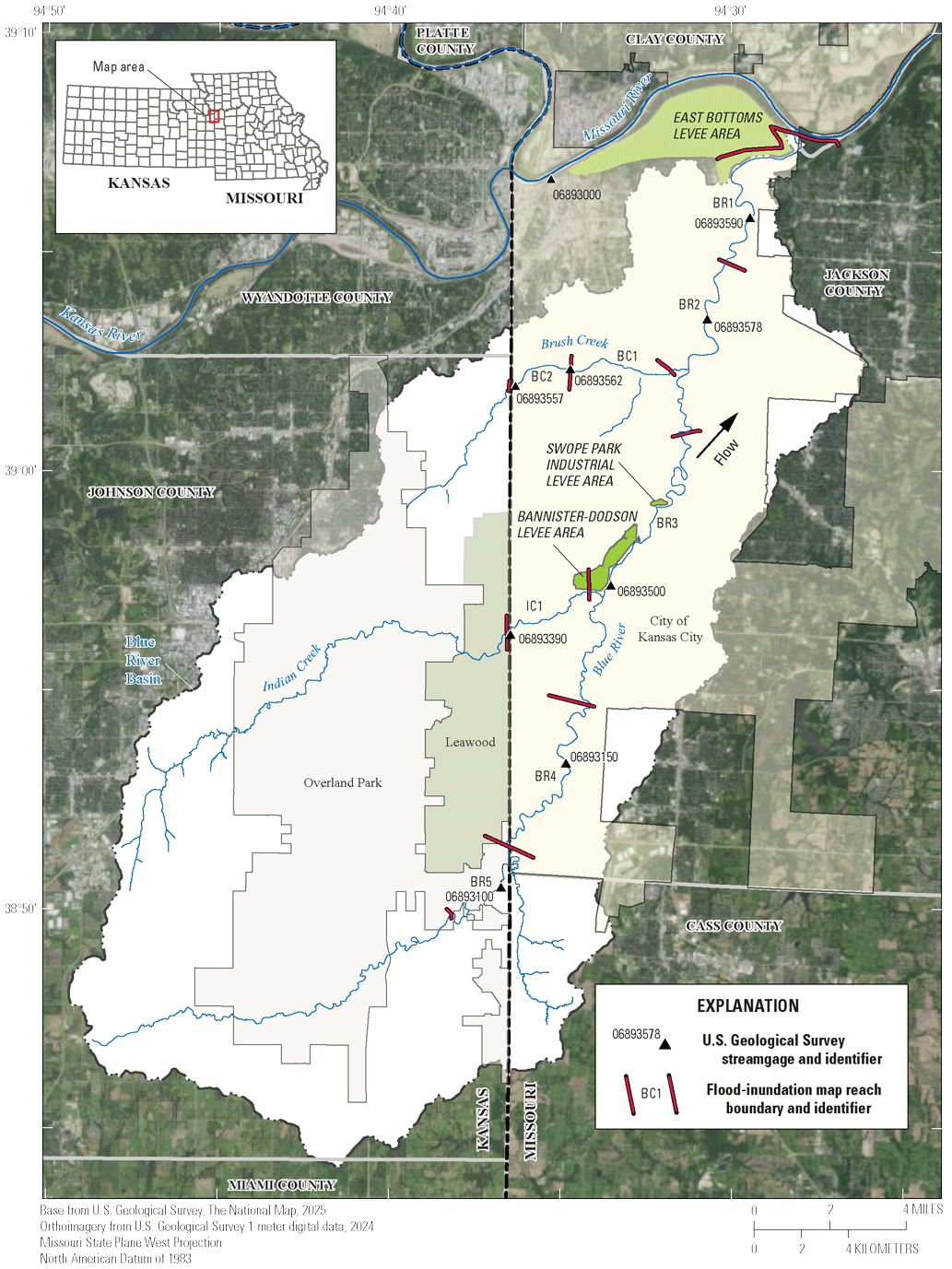 The Blue River Basin is oriented generally southwest to northeast.