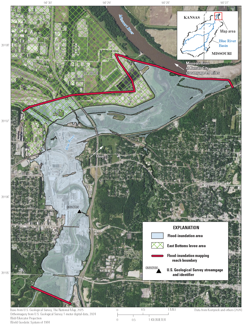 The flood-inundation extent is fairly equidistant along each side of the Blue River
                        until the confluence with the Missouri River.