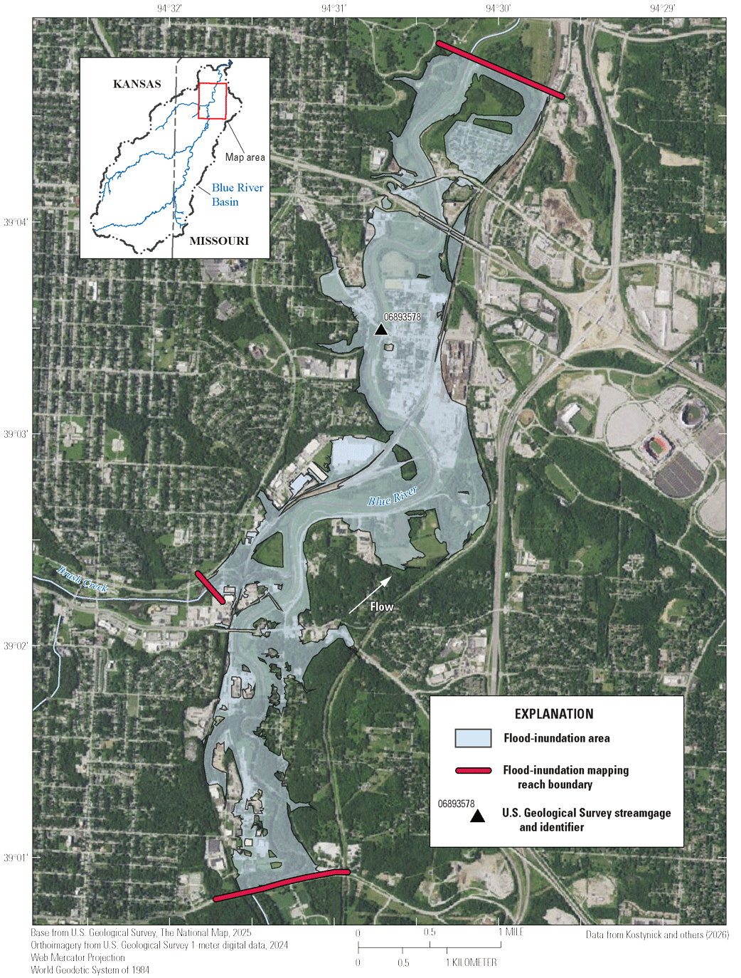 The flood-inundation extent along the Blue River contains many buildings and landcover
                        that remain above water.
