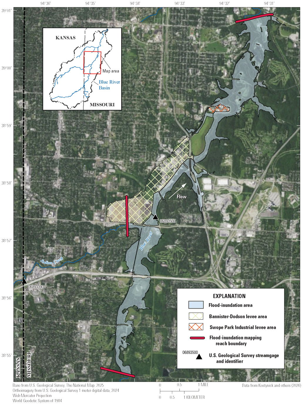 The flood-inundation has an irregular pattern, with some roads not, or only partially,
                        affected. The levees were not inundated.