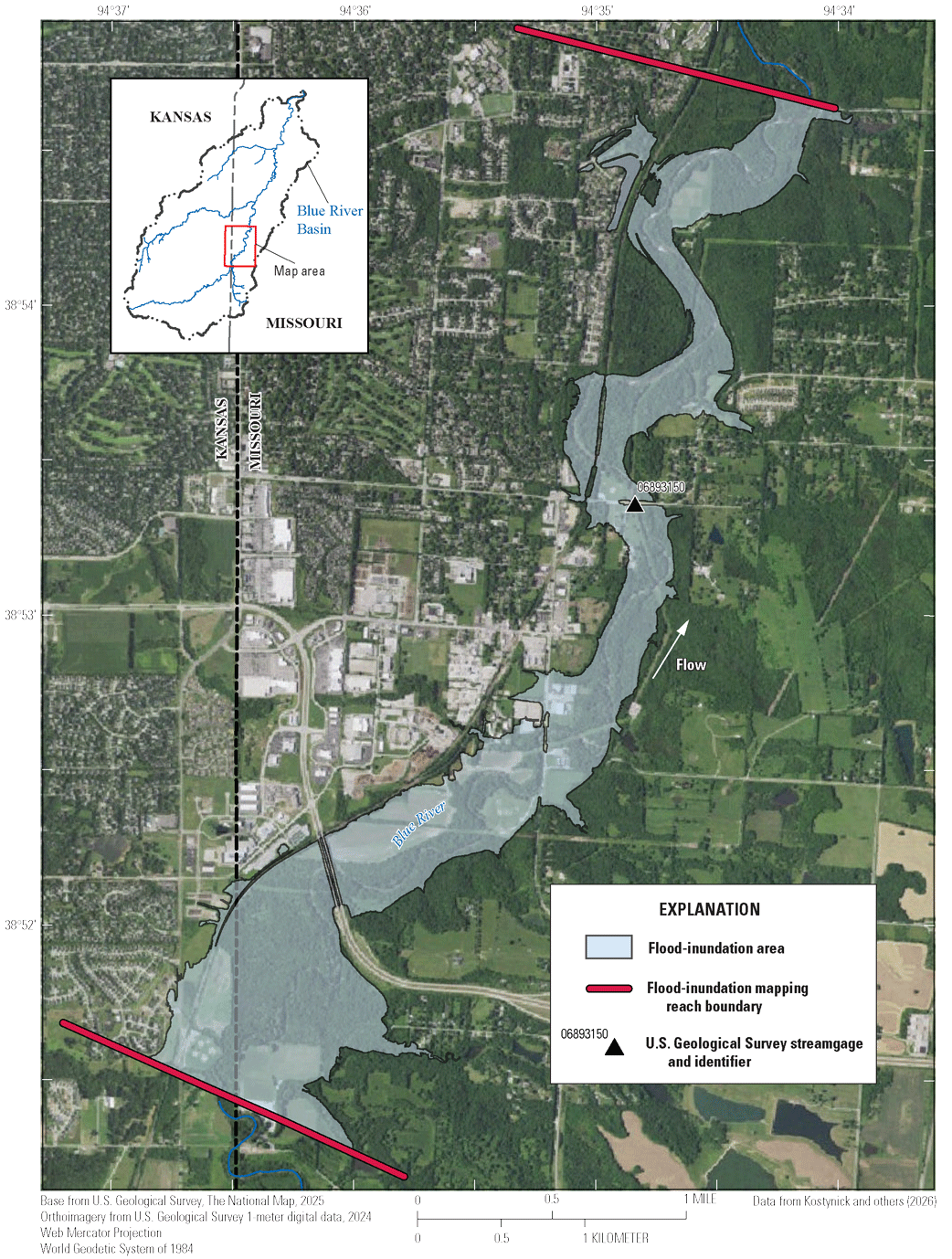 The flood-inundation extent is broader to the south and significantly narrower toward
                        the north, upstream from the streamgage.
