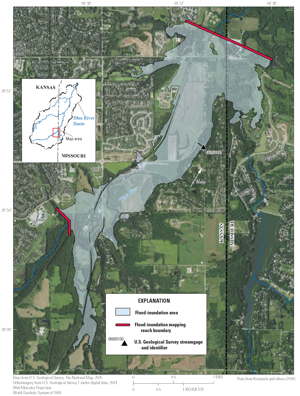 The flood-inundation extent is narrower to the south and significantly broader toward
                        the north, upstream from the streamgage.