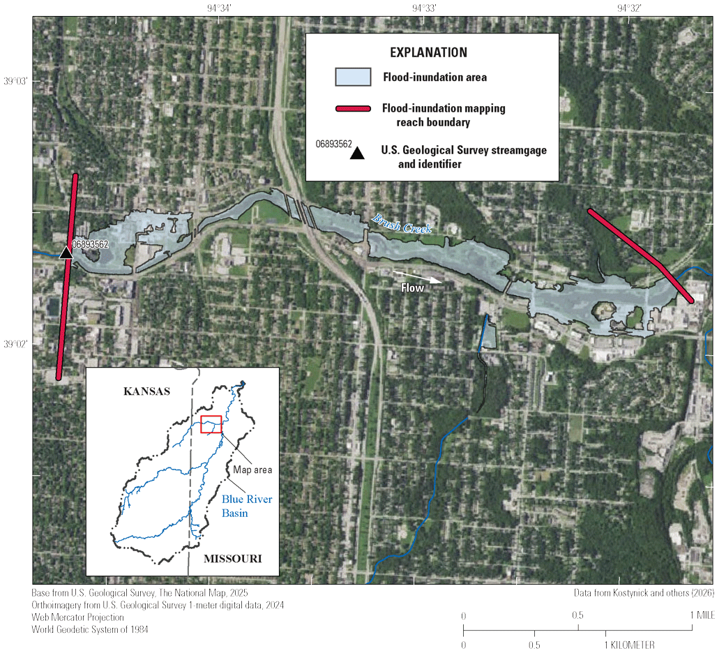 The flood-inundation has an irregular pattern, with some roads, buildings, and land
                        cover not affected.