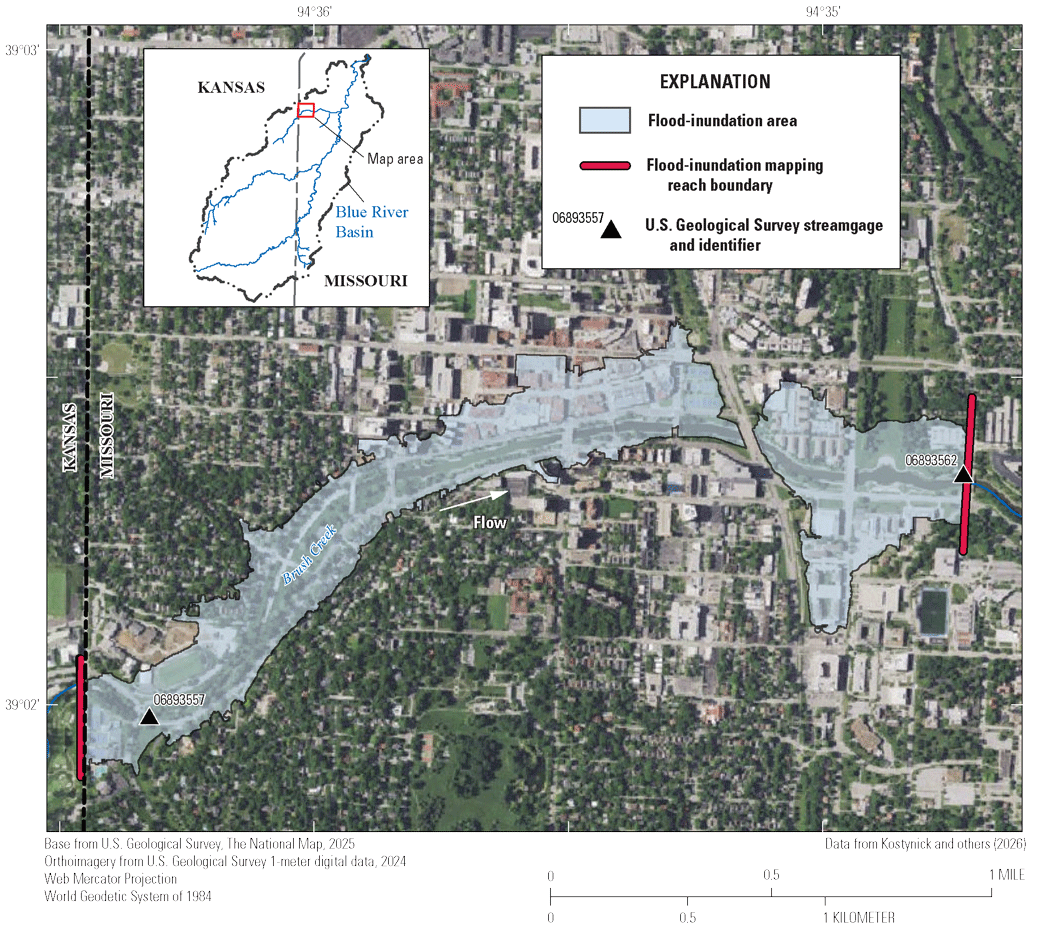 The flood-inundation extent does not exceed the bridge, but it does widen as it approaches
                        the Ward Parkway streamgage.