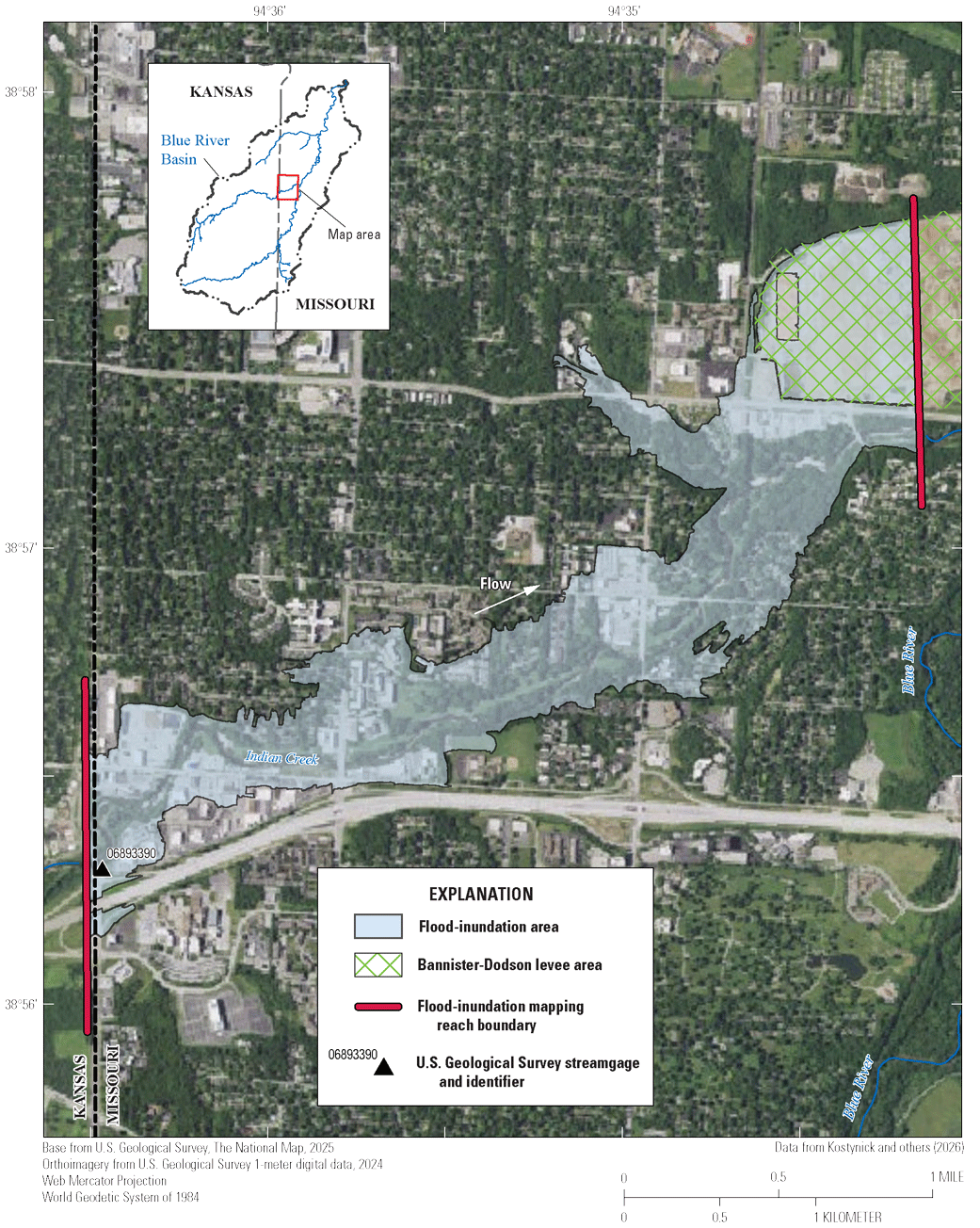 The flood-inundation extent is fairly uniform until being redirected by the levee.