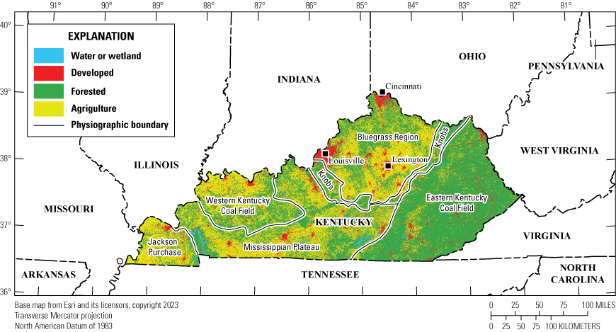 Map of Kentucky showing land cover, major cities, and physiographic regions. Forested
                        land dominates the Eastern Kentucky Coal Field and agriculture dominates the Jackson
                        Purchase. The other physiographic regions show a mix between forest and agriculture.
                        Developed lands are concentrated around the major cities of Louisville, Lexington,
                        and the Cincinnati metropolitan area.