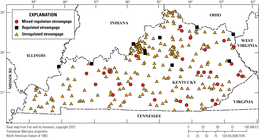 Map of Kentucky with separate symbols representing unregulated streamgages, regulated
                     streamgages, and streamgages with mixed regulation peak-flow records. Unregulated
                     streamgages are well distributed across the State, with higher concentrations near
                     the cities of Louisville, Lexington, and the Cincinnati metropolitan area. The regulated
                     streamgages are all in the northern half of the state and the mixed regulation streamgages
                     are well distributed across the eastern two-thirds of the state.