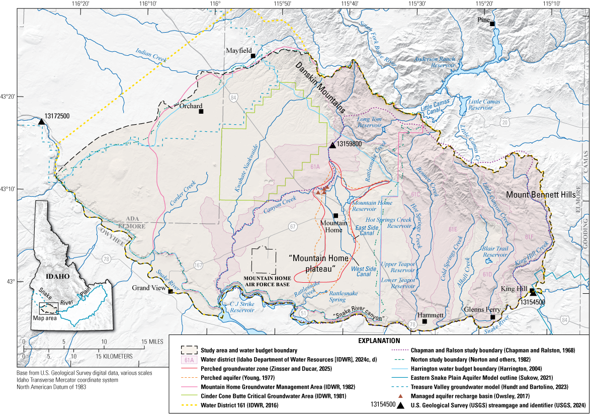 In addition to the study area, this map shows the locations of water districts (61A,
                     C, D, E, F) within the study area, the perched groundwater zone from Zinsser and Ducar
                     (2025), the perched aquifer from Young (1977), the Mountain Home Groundwater Management
                     Area, the Cinder Cone Butte Critical Groundwater Area, Norton and others (1982) study
                     area, Harrington (2004) water budget boundary, and three USGS streamgages.