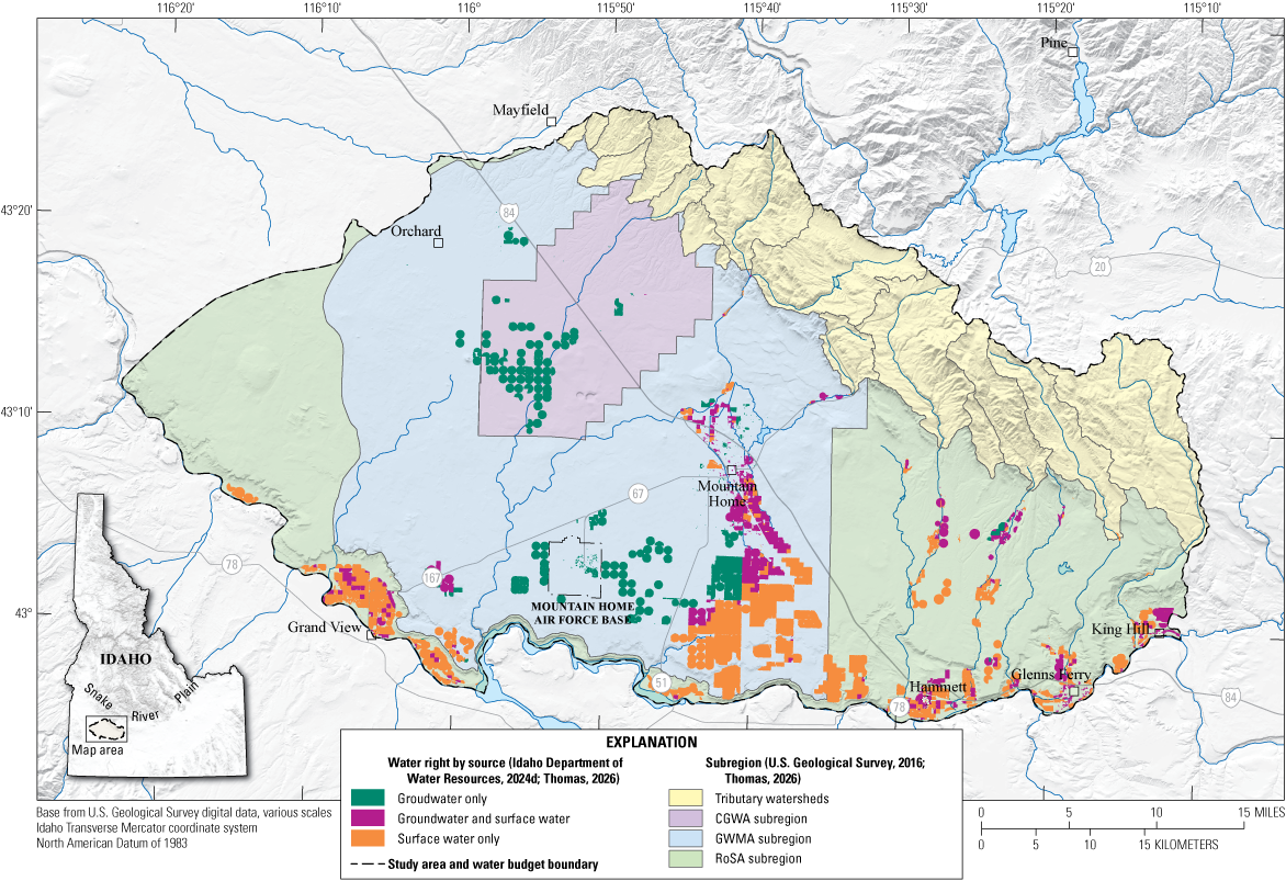Water rights are concentrated along the southern border of the study area, immediately
                        north and south of Mountain Home, and in CGWA.