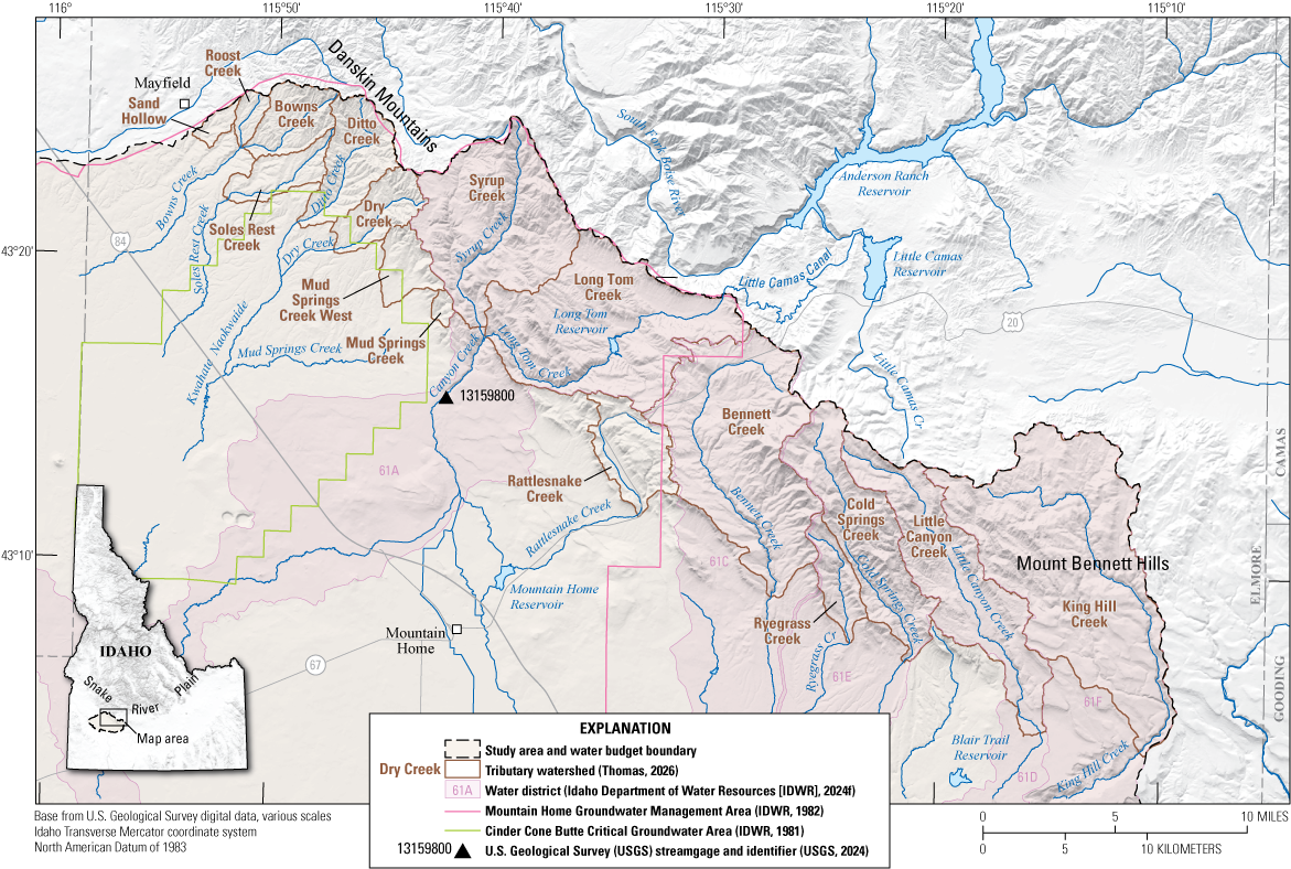 From northwest to southeast, the tributaries shown are Sand Hollow, Roost Creek, Bowns
                              Creek, Soles Rest Creek, Ditto Creek, Dry Creek, Syrup Creek, Mud Springs Creek West,
                              Mud Springs, Long Tom Creek, Rattlesnake Creek, Bennett Creek, Cold Springs Creek,
                              Ryegrass Creek, Little Canyon Creek, and King Hill Creek.