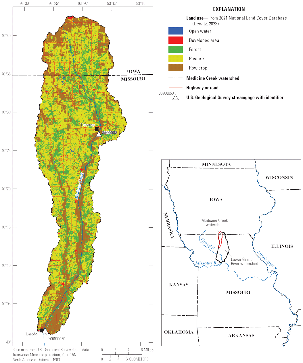 Map showing land use for row crops, pastures, forests, small areas of developed land,
and open water.