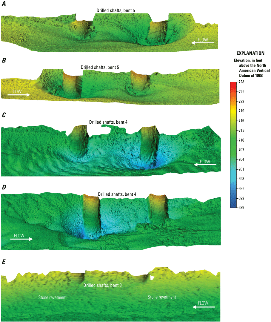 Visualization of channel bottom and sides of bents at U.S. Highway 69 bridge over
the Missouri River in Kansas City, Missouri.