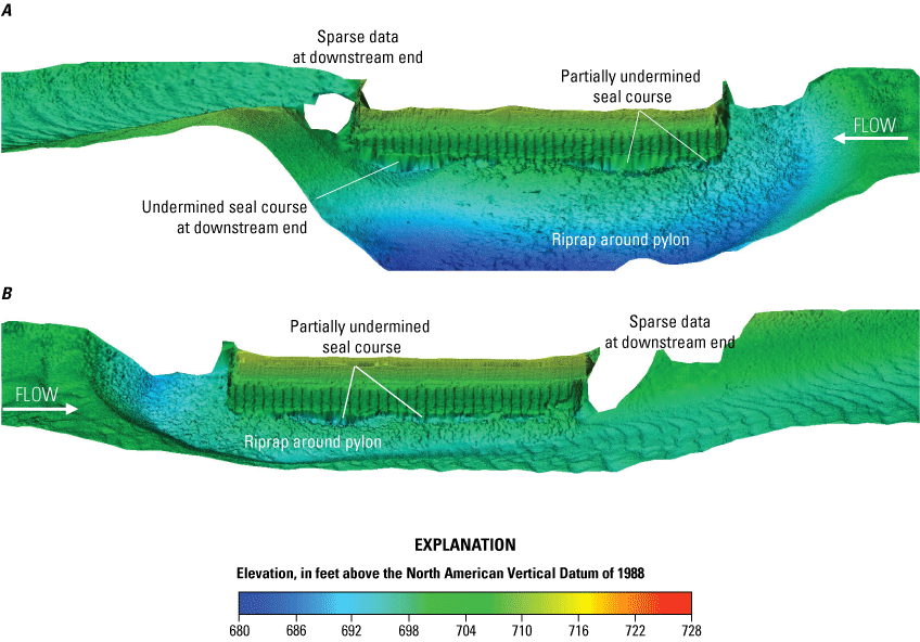 Visualization of channel bottom and sides of pylon at Interstate 35 bridge over the
Missouri River in Kansas City, Missouri.