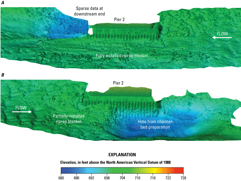 Visualization of channel bottom and sides of pier at Missouri Highway 269 bridge over
the Missouri River in Kansas City, Missouri.