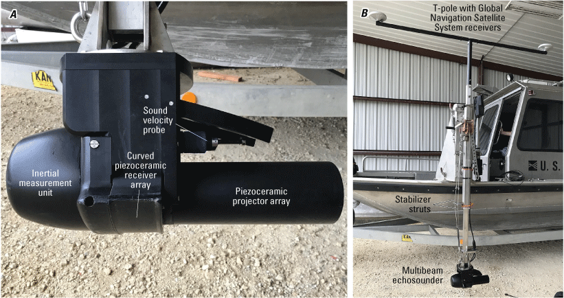 Photographs of the multibeam echosounder on the boat.